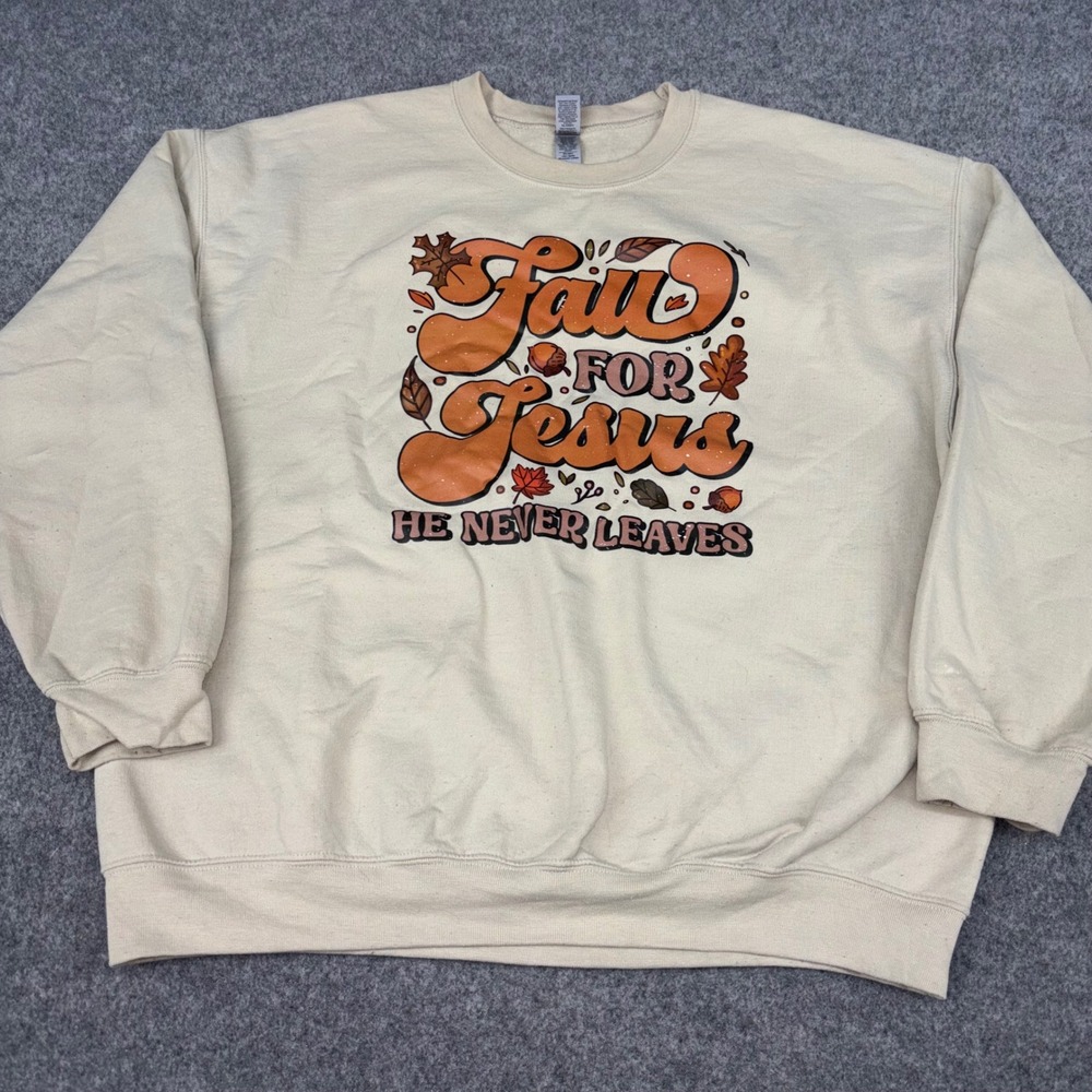 Gildan Sweatshirt Womens XL Cream Fall For Jesus Christian Graphic Pullover Top